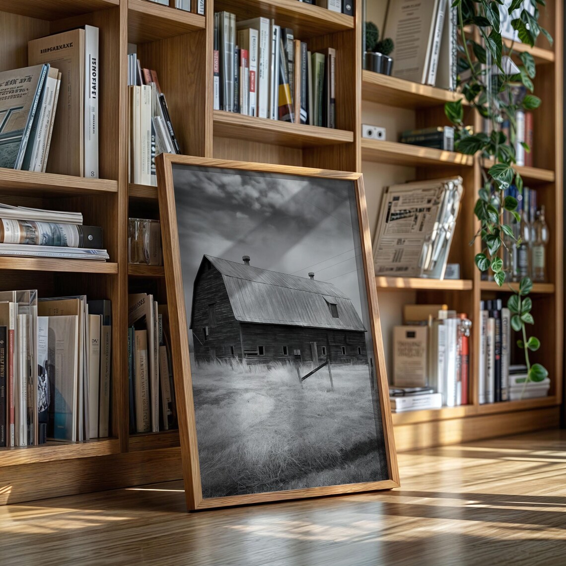 Foggy Barn Black And White Country Landscape Photography Poster