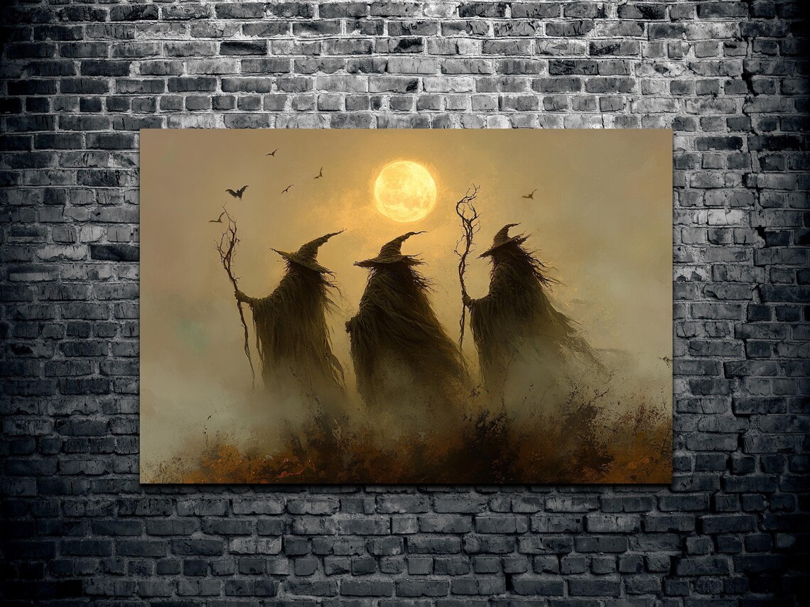 Three Witches in Tattered Cloaks Gathering Under a Glowing Harvest Moon Poster - Image 2
