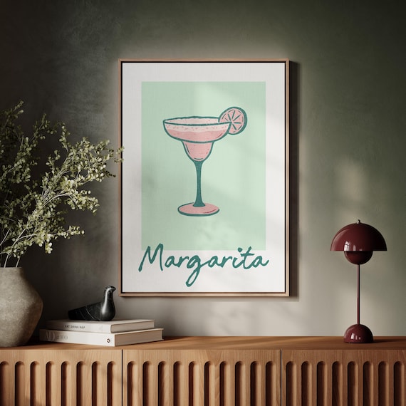 Pink Margarita Cocktail Poster With Retro Script Mint Green Bar Cart Art