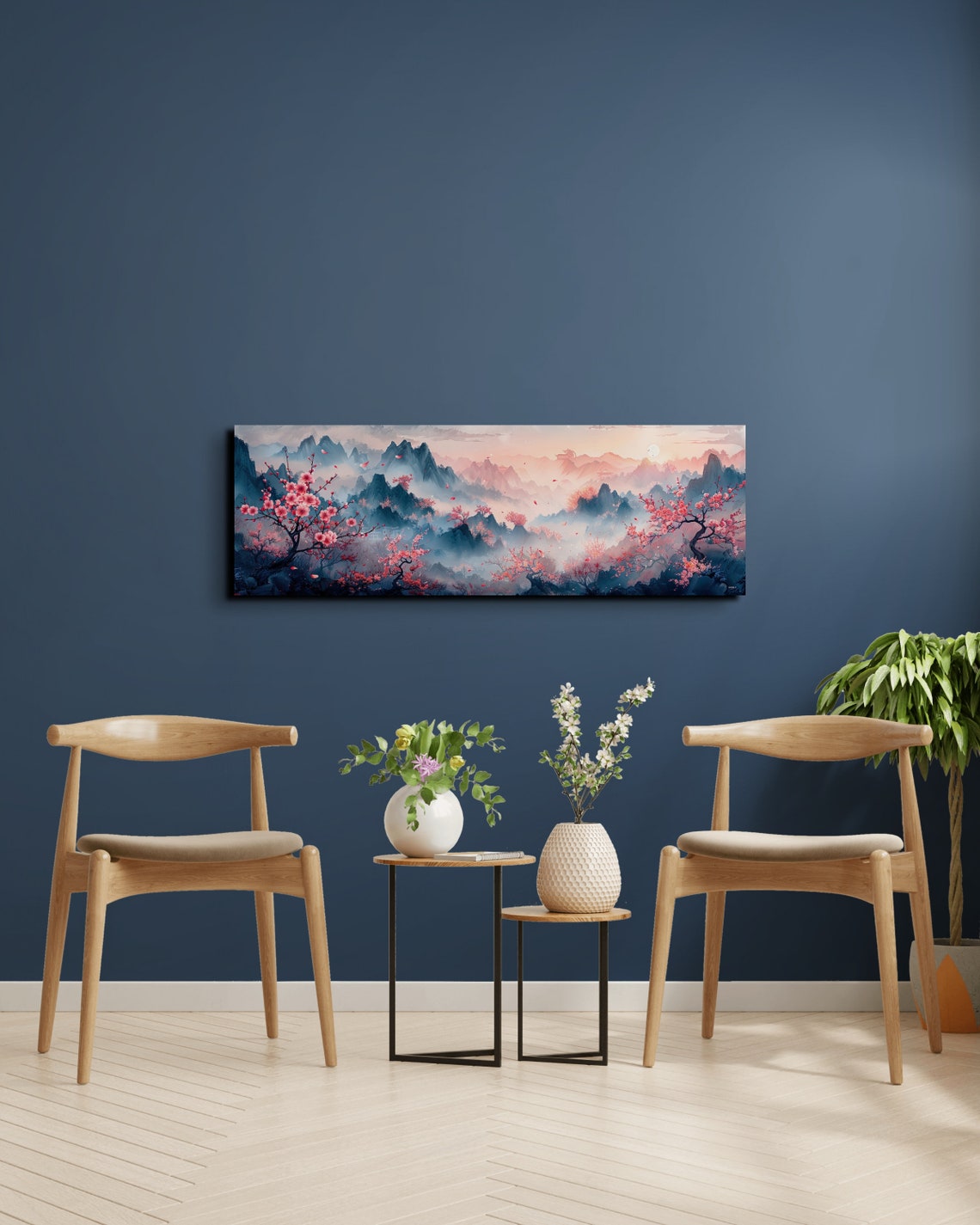 Pink Cherry Blossoms Over Misty Asian Mountains at Sunrise Poster - Image 4