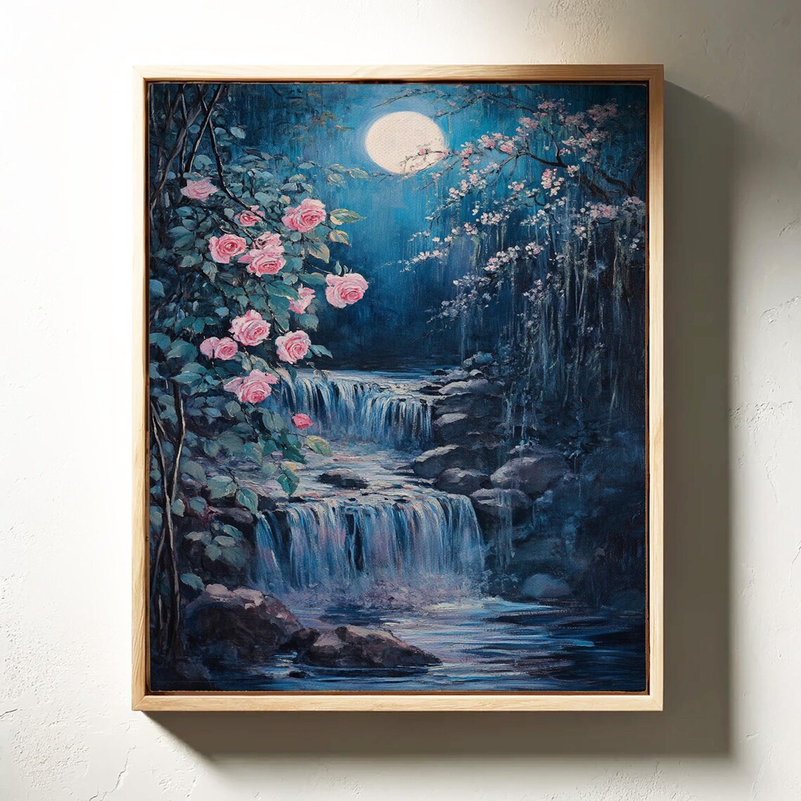 Moonlit Waterfall, Romantic Floral Night Scene - Image 7