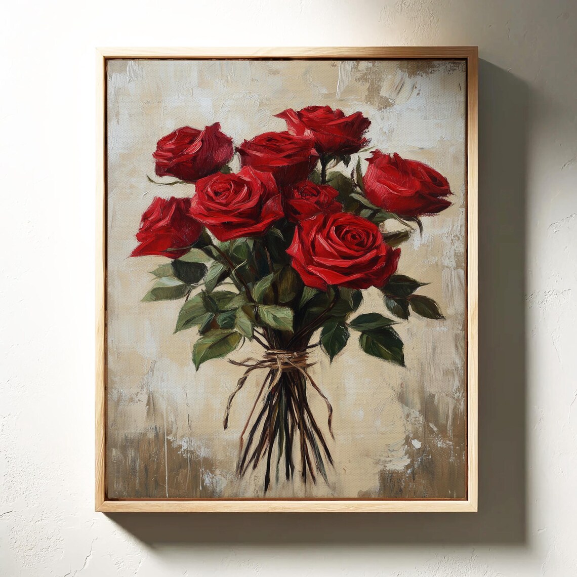 Red Roses Bouquet Oil Painting on Textured Beige Canvas Art Print - Image 4
