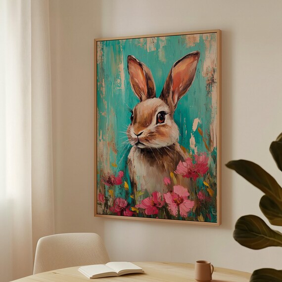Brown Rabbit Among Pink Blossoms on Turquoise Painted Backdrop Poster
