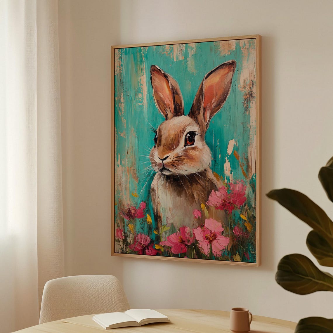 Brown Rabbit Among Pink Blossoms on Turquoise Painted Backdrop Poster