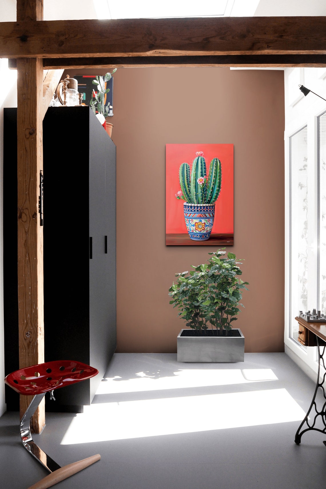Flowering Cactus Patterned Pot Coral Background Southwest Wall Art - Image 6