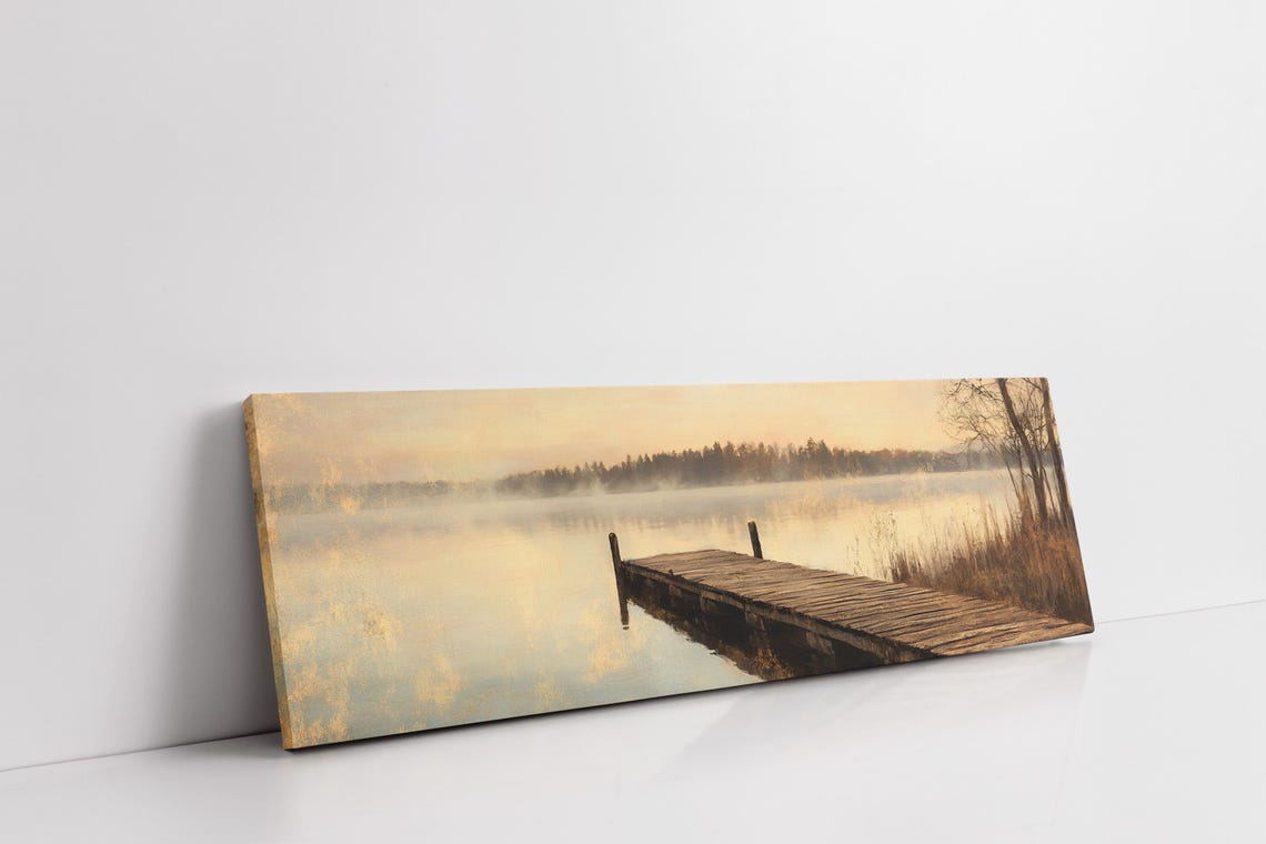 Rustic Wooden Dock Misty Lake Sunrise Golden Reflection Art Poster - Image 3