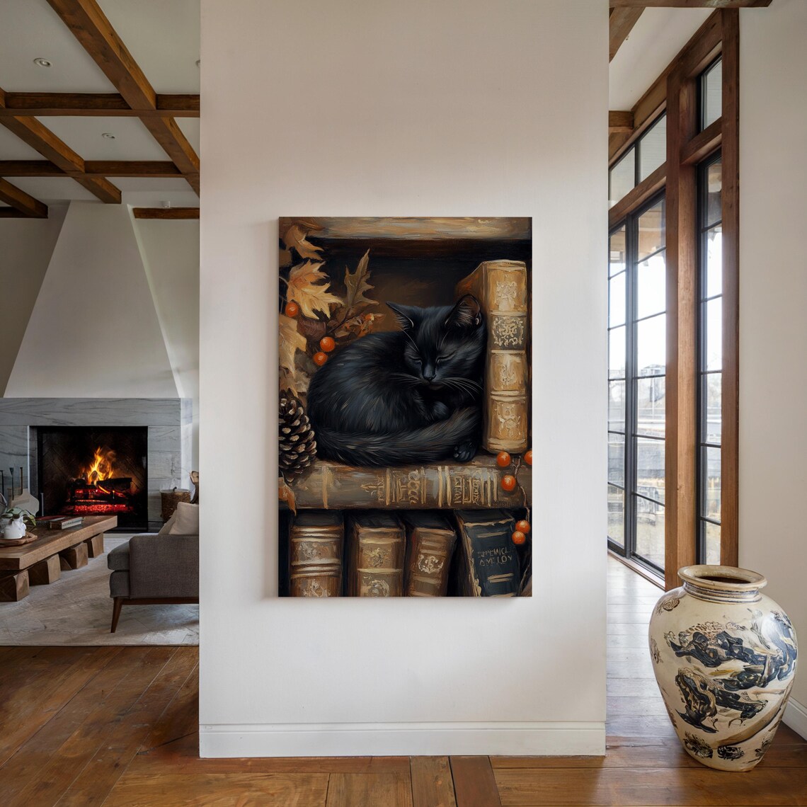 Black Cat Sleeping on Antique Books With Autumn Leaves Poster - Image 3