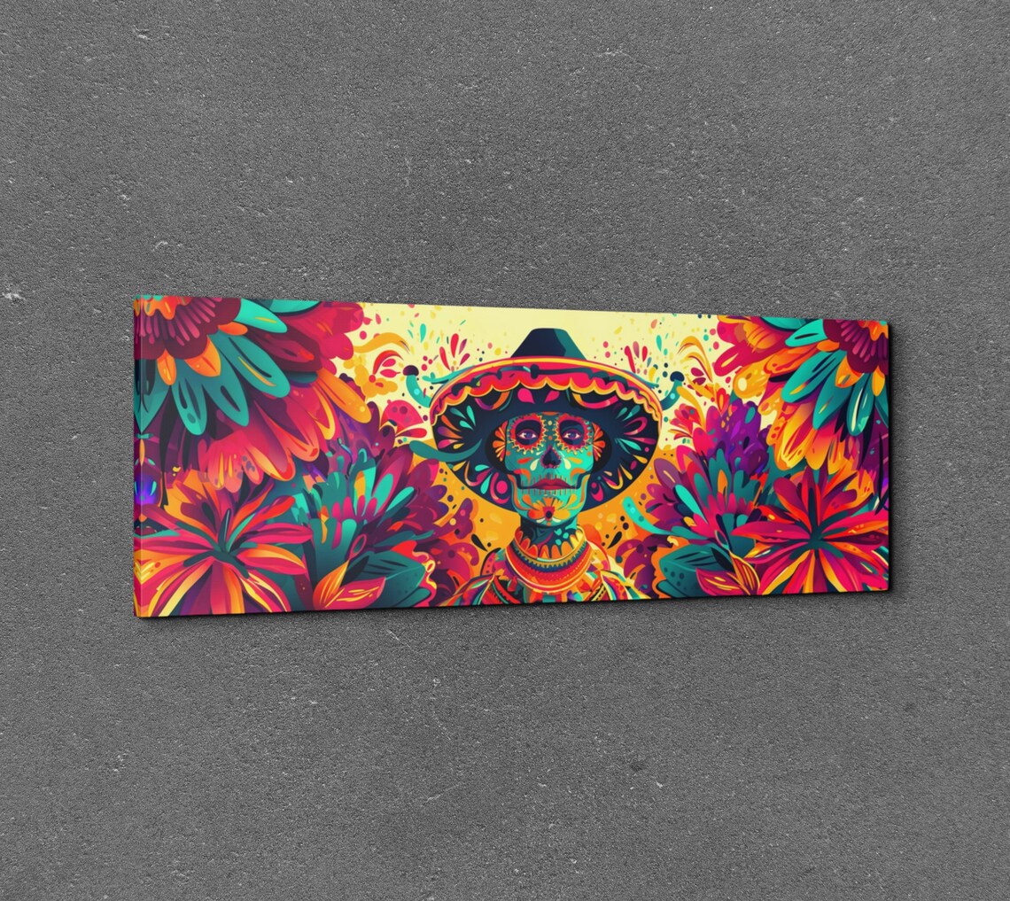 Sugar Skull Wearing a Sombrero in Bright Mexican Floral Art Poster - Image 7