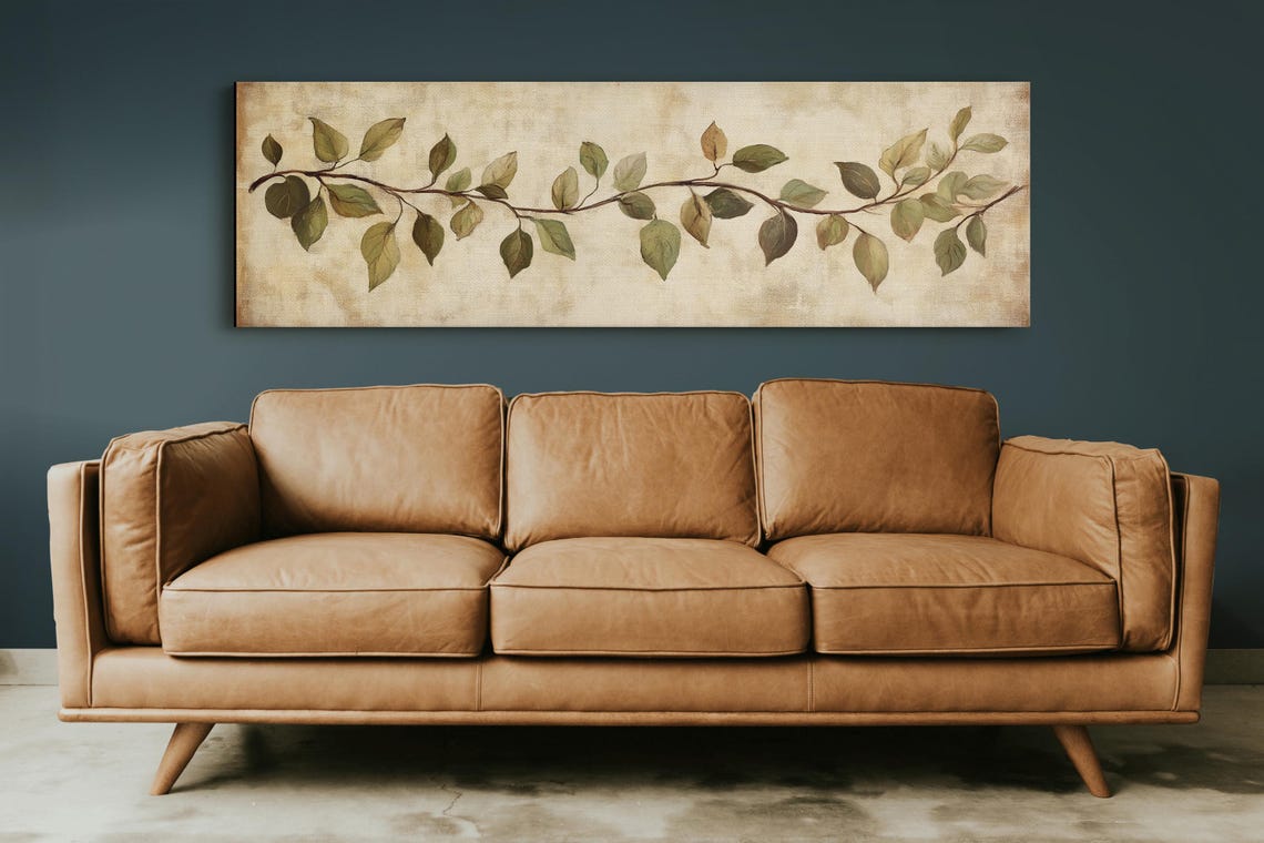 Rustic Botanical Leaf Branch On Aged Paper Earthy Panoramic Wall Art