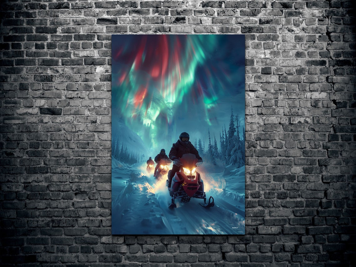 Snowmobile Group Night Ride Aurora Borealis Snowy Forest Poster - Image 2
