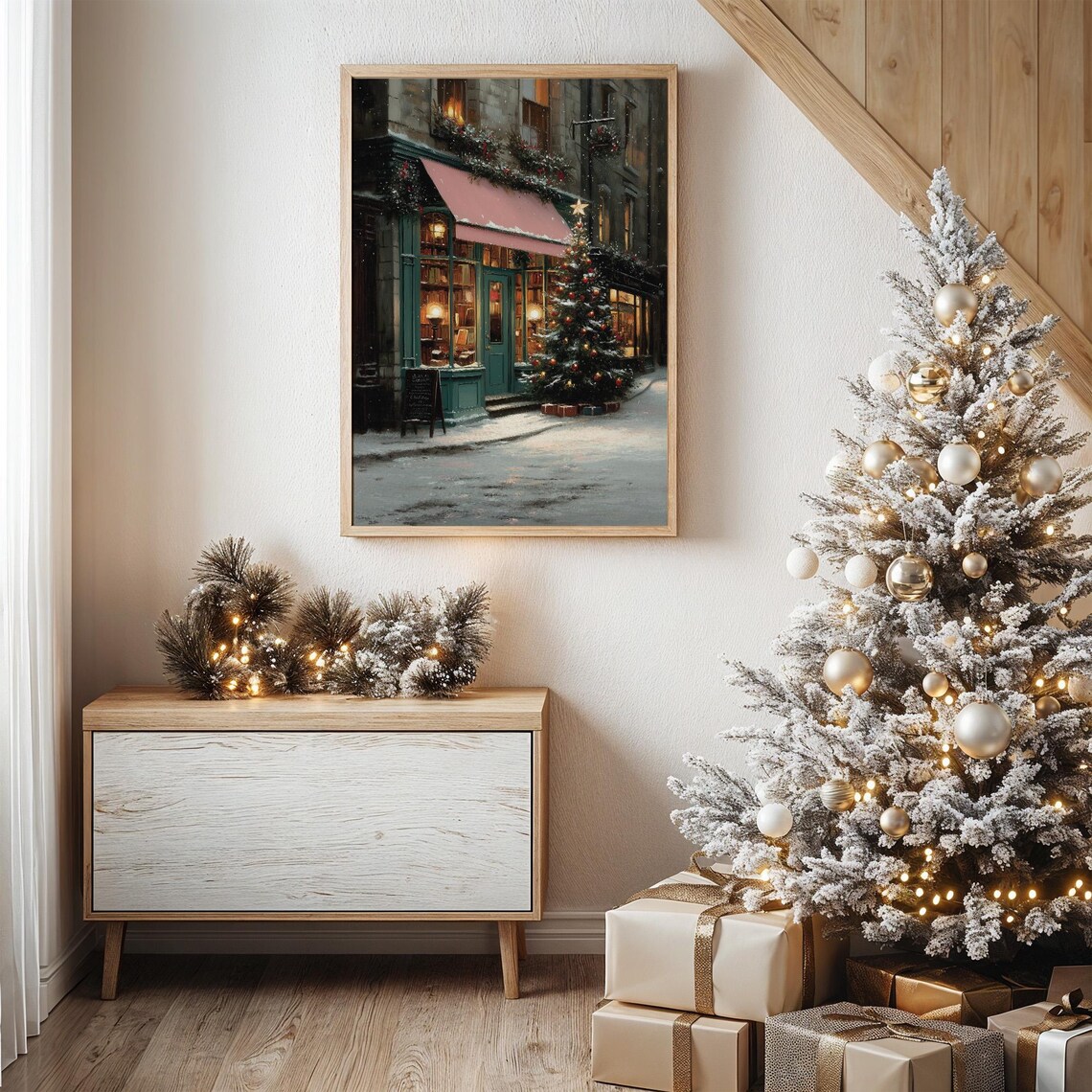 Cozy Vintage Bookshop On Snowy Christmas Street Scene Poster