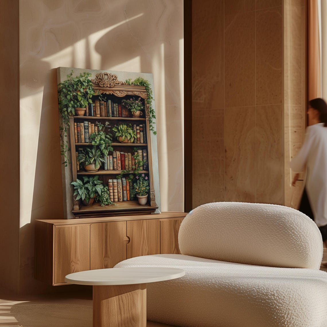Vintage Carved Bookshelf Filled With Books and Trailing Plants Poster - Image 5