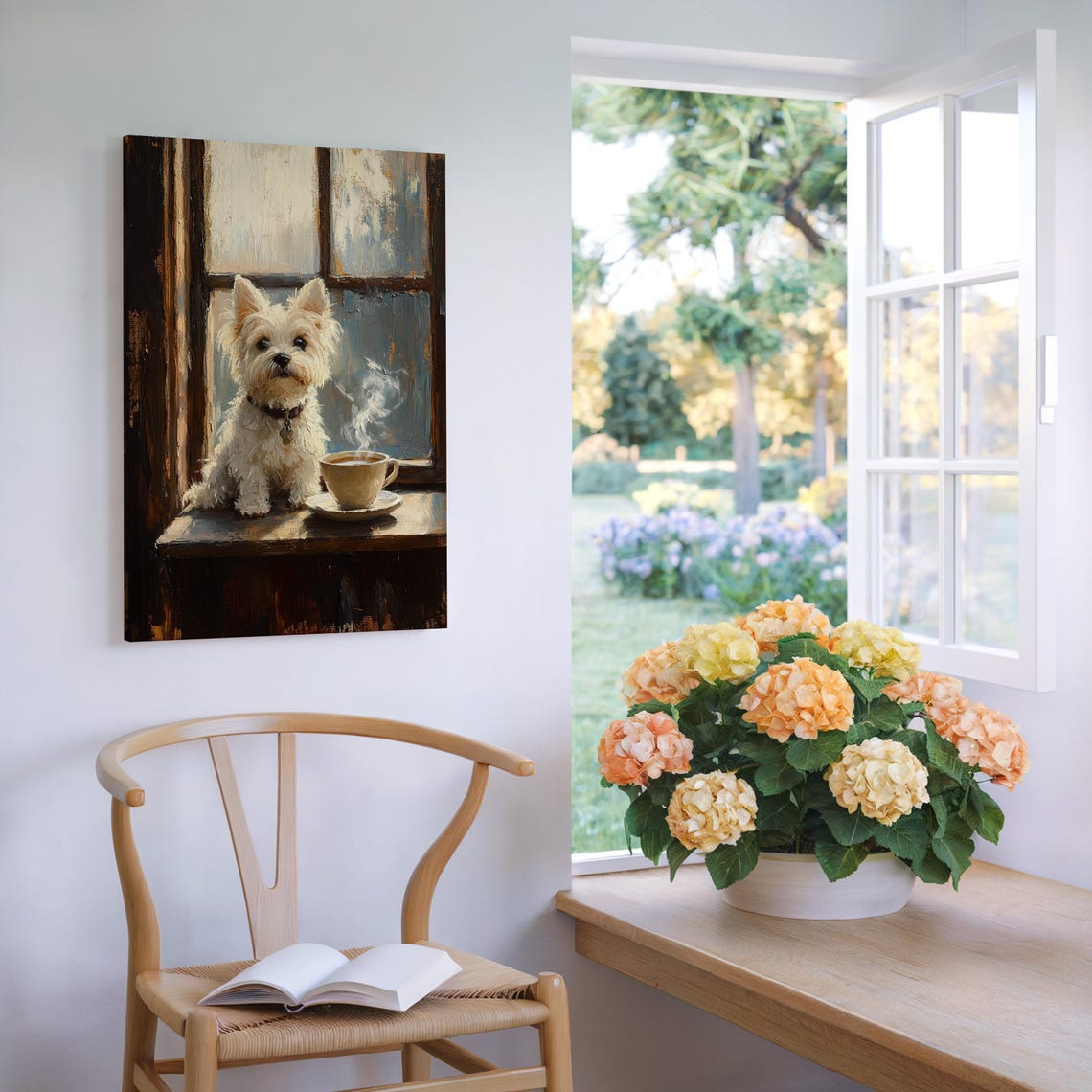 West Highland Terrier Puppy By Rustic Window With Coffee Wall Art - Image 6