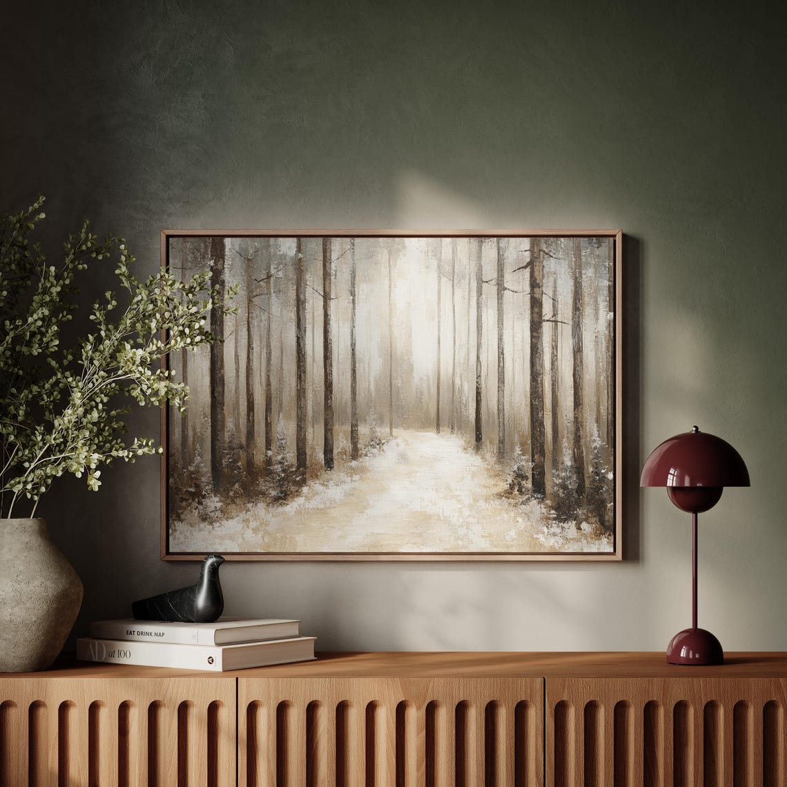 Snowy Winter Forest Path Tall Trees Tranquil Nature Wall Art - Image 5