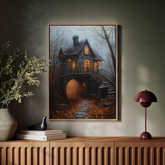 Haunted Forest Cottage Wall Art Dark Autumn Bridge House Poster Spooky Fairy Tale Home Print Moody Halloween Gothic Decor