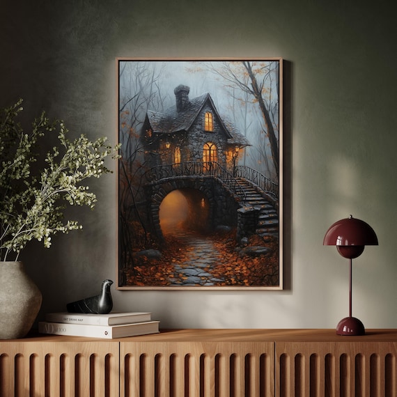 Spooky Old Stone Cottage On Bridge In Dark Autumn Forest Poster