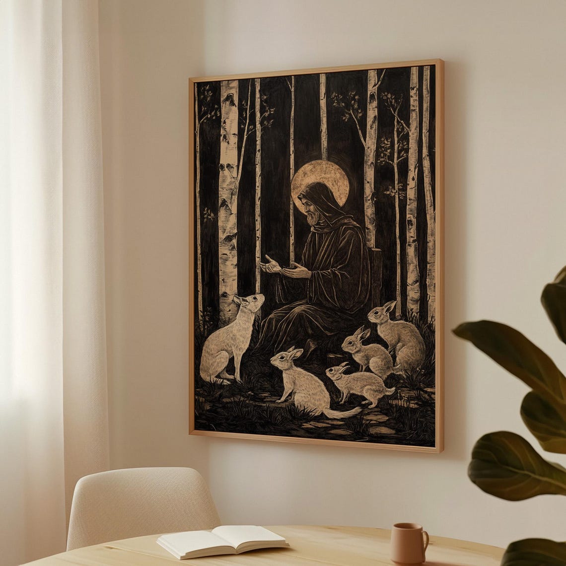 Monochrome Woodland Monk With Rabbits In Dark Birch Forest Wall Art - Image 3
