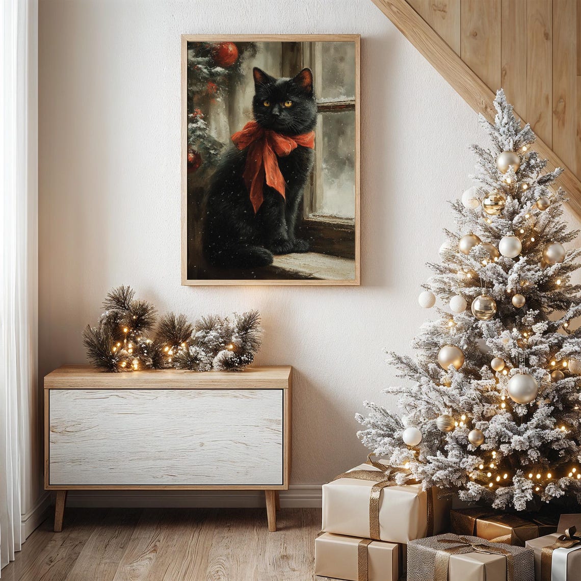 Black Cat Portrait Poster Red Bow By Christmas Window Art Decor