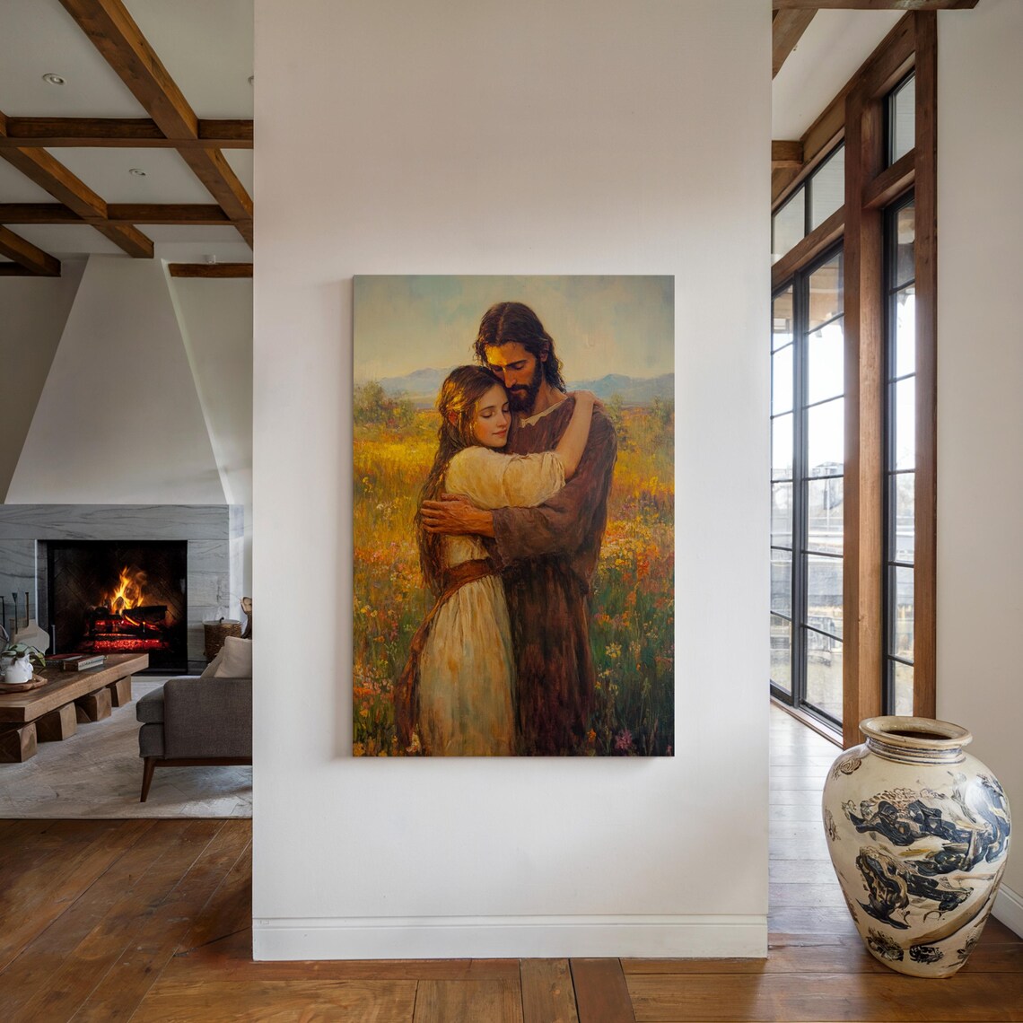 Jesus Embracing a Woman in a Sunlit Field of Wildflowers Poster - Image 5