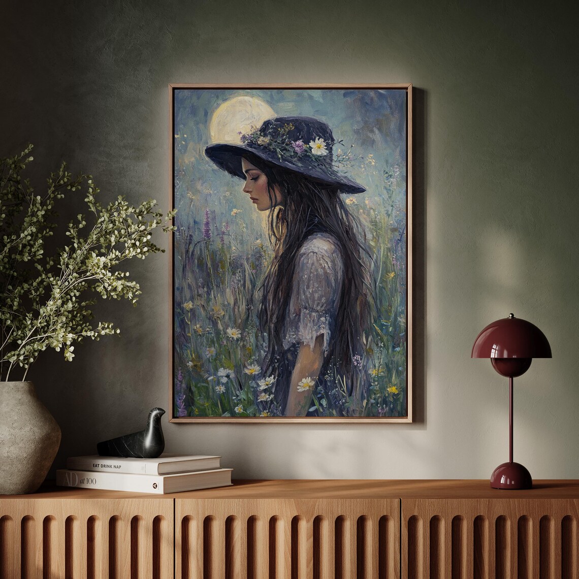 Dreamy Woman in a Flower Covered Hat Beneath a Golden Moon Poster - Image 7