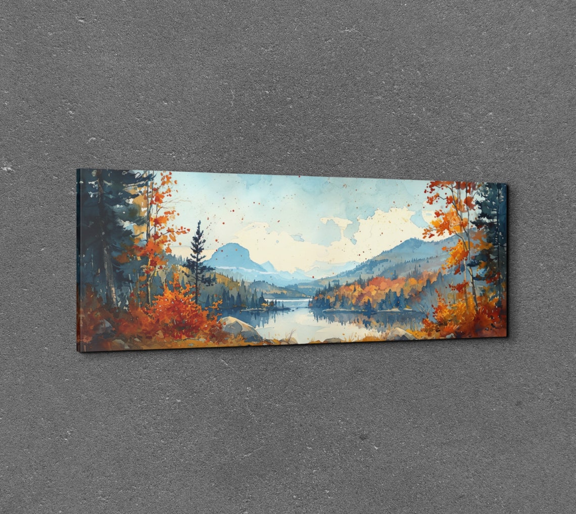 Autumn Valley Lake Watercolor Fall Foliage Panoramic Wall Art - Image 3