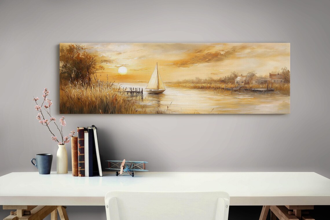 Golden Sunset Sailboat on Serene Lake Peaceful Nautical Landscape Poster - Image 4