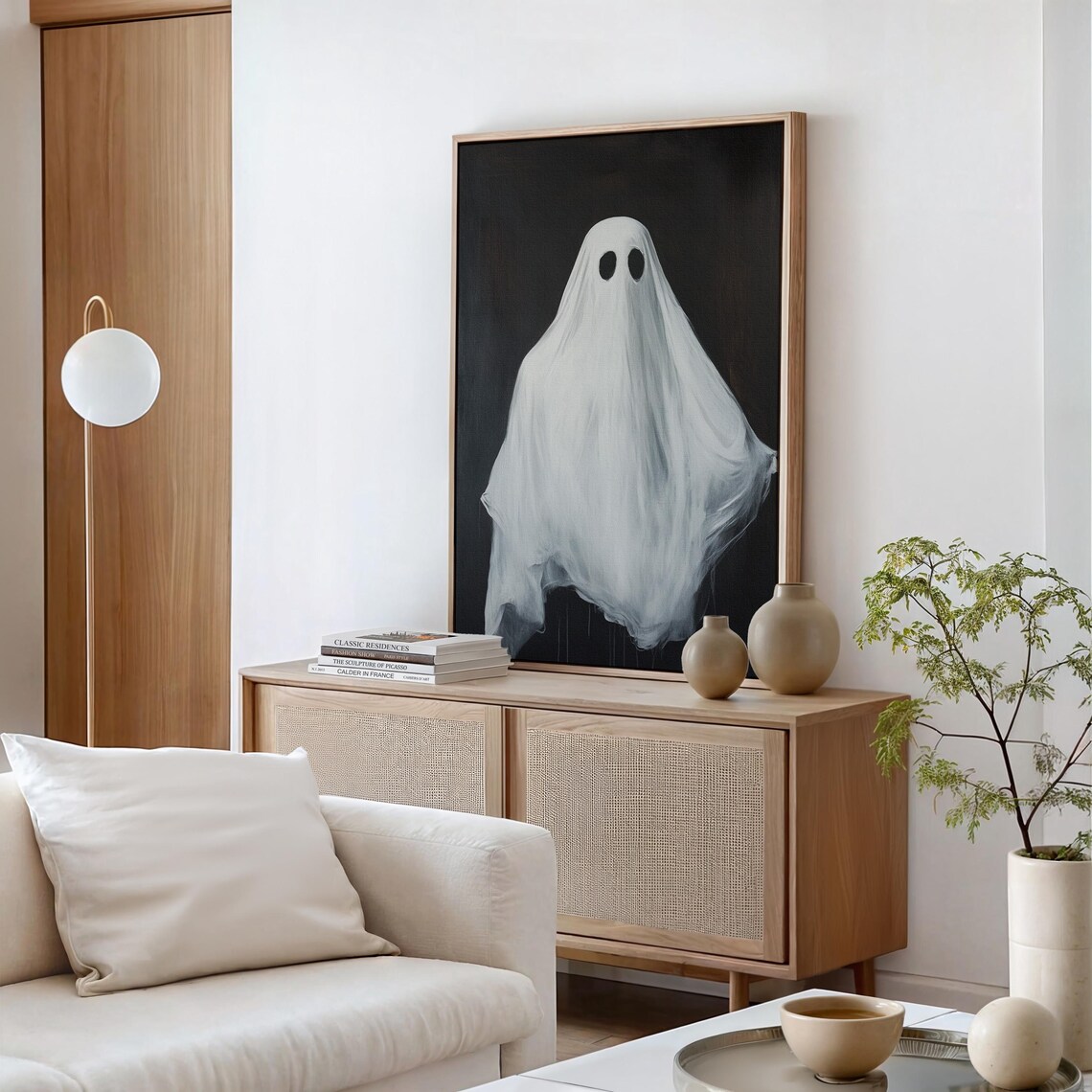 Minimalist White Sheet Ghost on Black Background Spooky Halloween Poster - Image 5