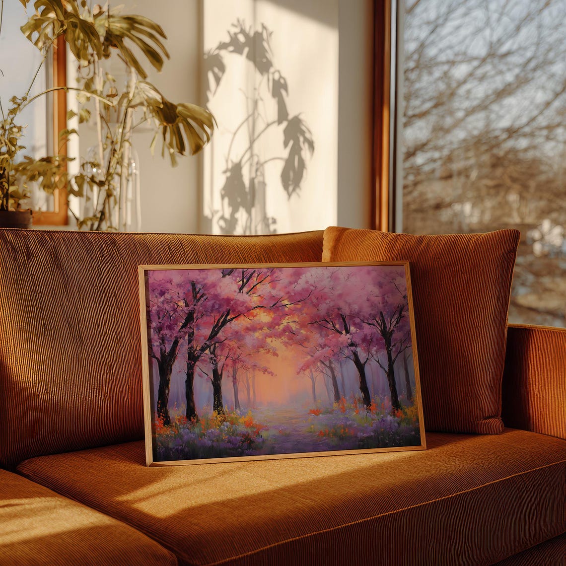 Cherry Blossom Forest Sunset Dreamy Pink Trees Floral Landscape Poster