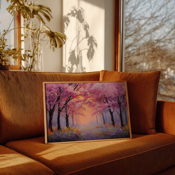 Cherry Blossom Forest Canvas Wall Art Dreamy Sunset Floral Landscape Painting Pink Trees Nature Decor Vibrant Spring Artwork Print