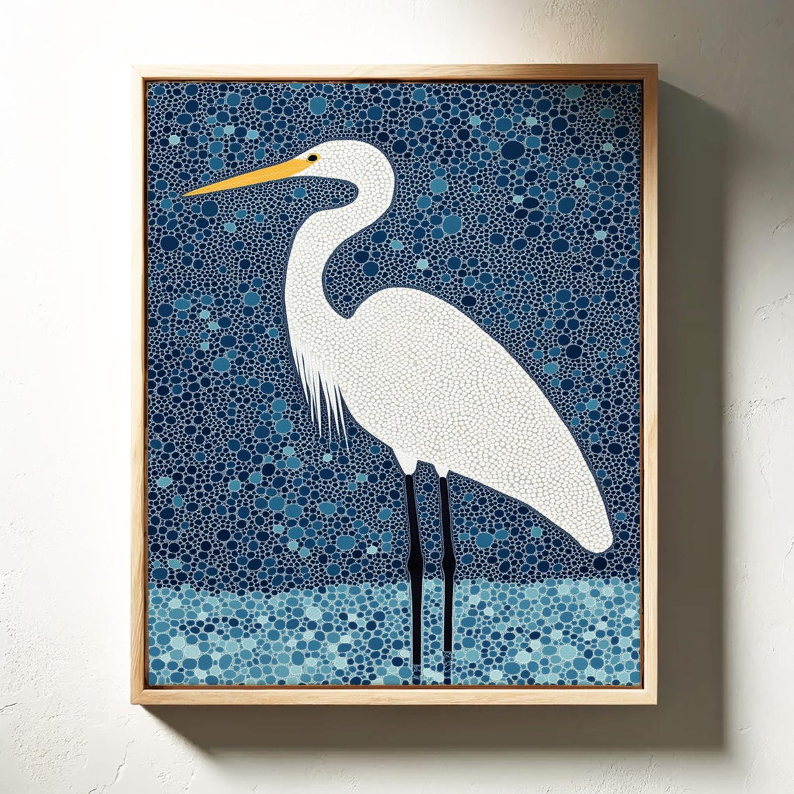 White Egret on Blue Pointillist Dots Coastal Bird Art Poster - Image 3