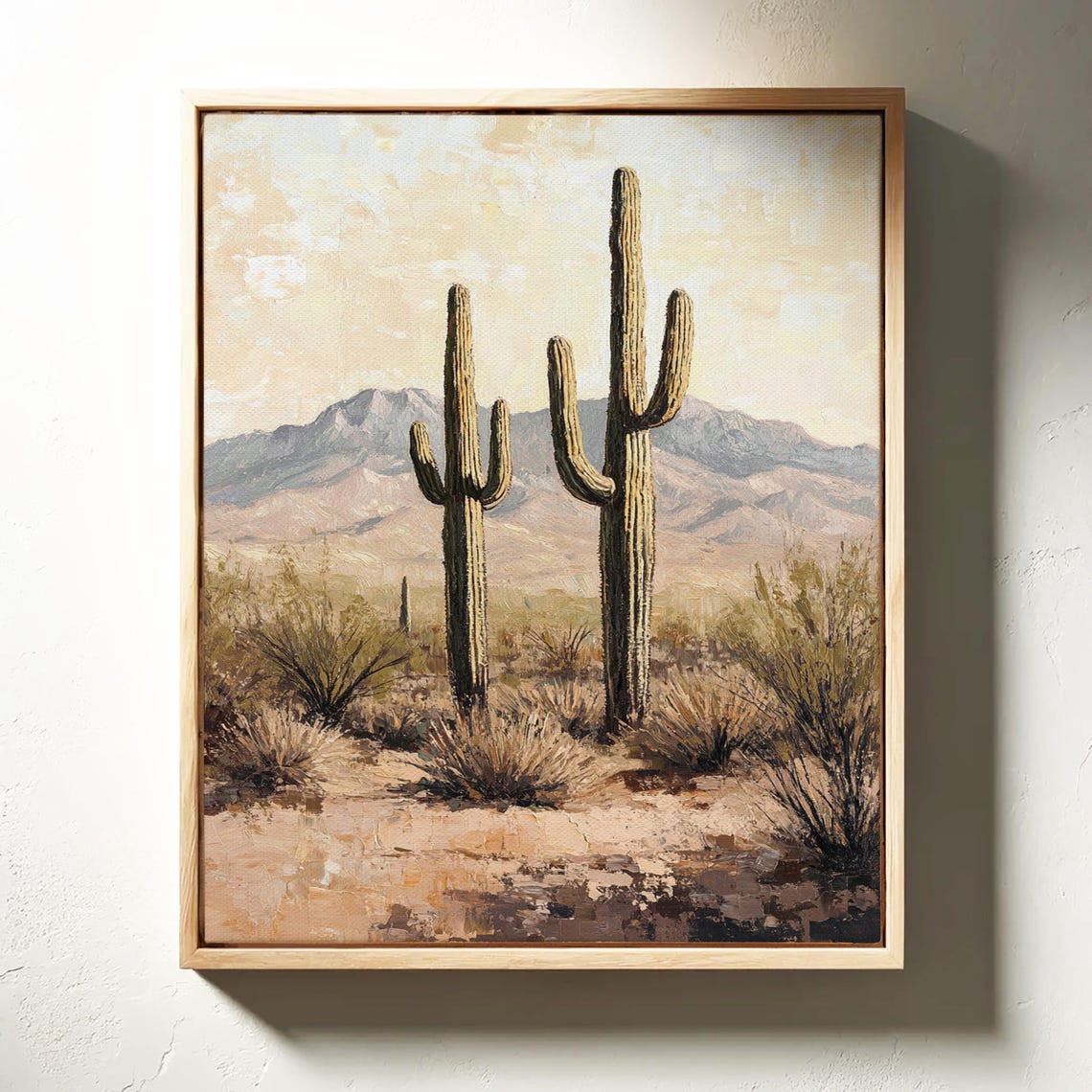 Warm Vintage Desert Painting of Saguaros Before Hazy Mountains Poster - Image 5