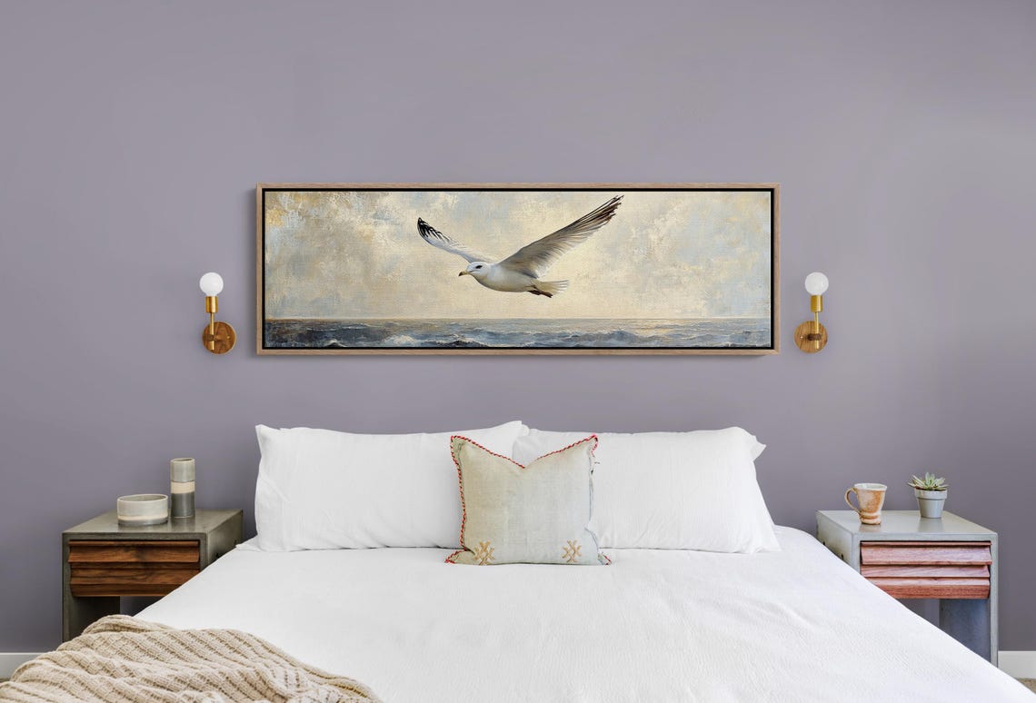Seagull In Flight Over Ocean Coastal Bird Painting Tranquil Print