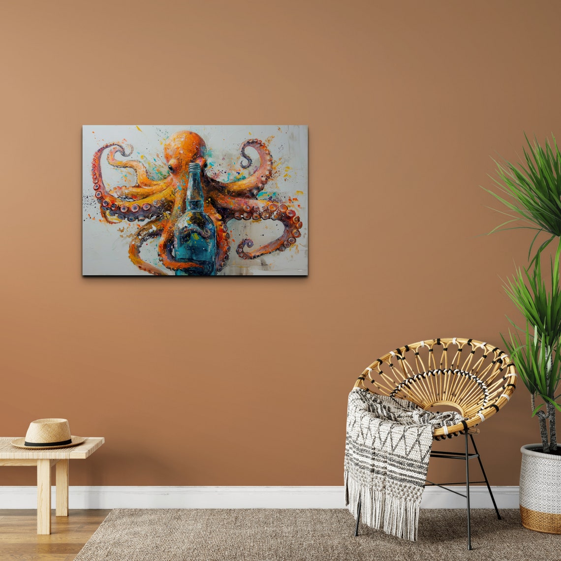 Vibrant Orange Octopus With Blue Bottle Splash Paint Ocean Wall Art - Image 4