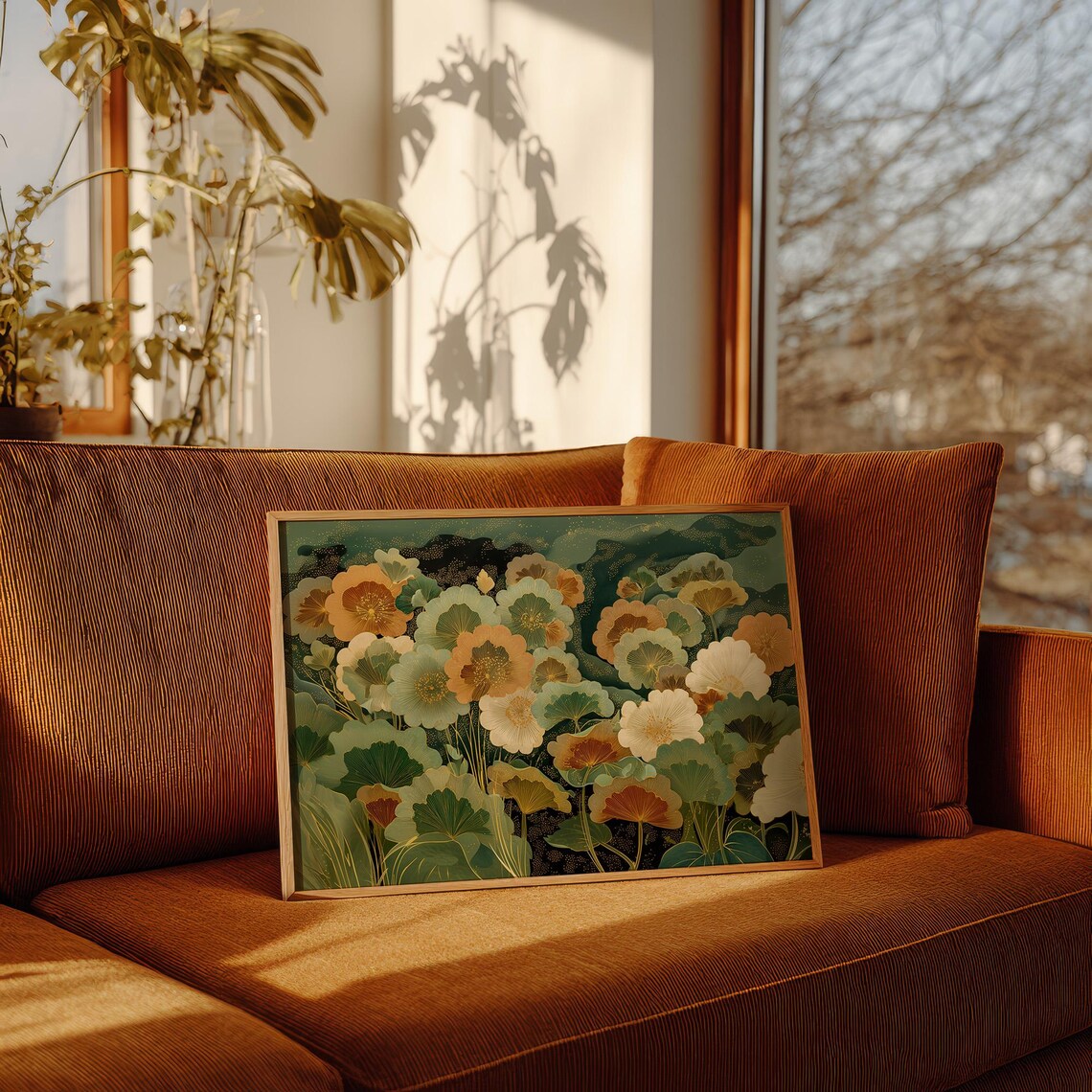Golden Garden Orange Poppy Blooms Decorative Floral Nature Wall Art