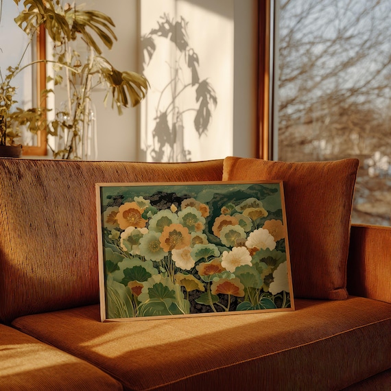 Golden Garden Orange Poppy Blooms Decorative Floral Nature Wall Art