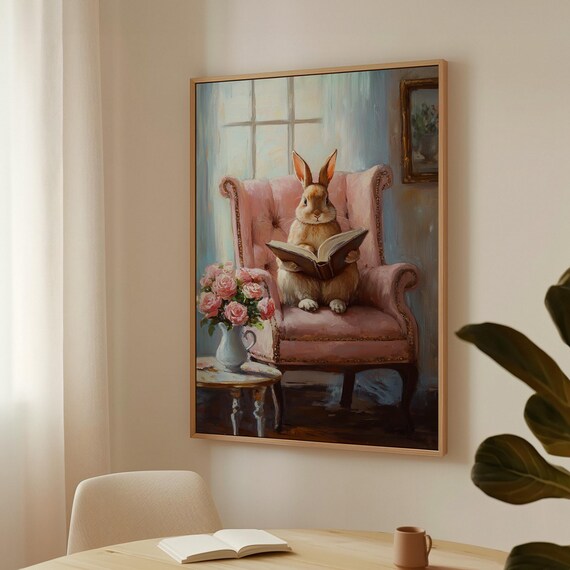 Bunny Reading Book in Pink Armchair With Roses Whimsical Painting Wall Art