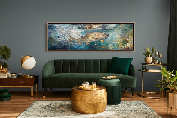 Trout Fishing Wall Art Vintage Oil Painting Fly Fishing Decor Underwater Fish Rustic Cabin Artwork Nature Wildlife Poster