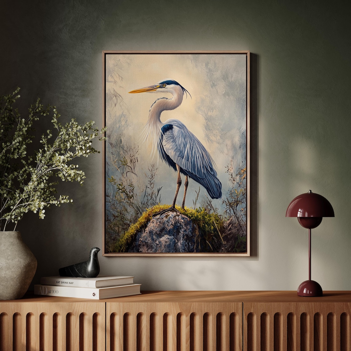 Great Blue Heron On Mossy Rock Misty Wetland Wildlife Art Poster