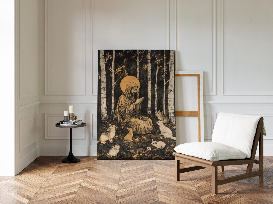 Woodland Monk Praying Among Rabbits In Golden Birch Forest Wall Art - Image 3