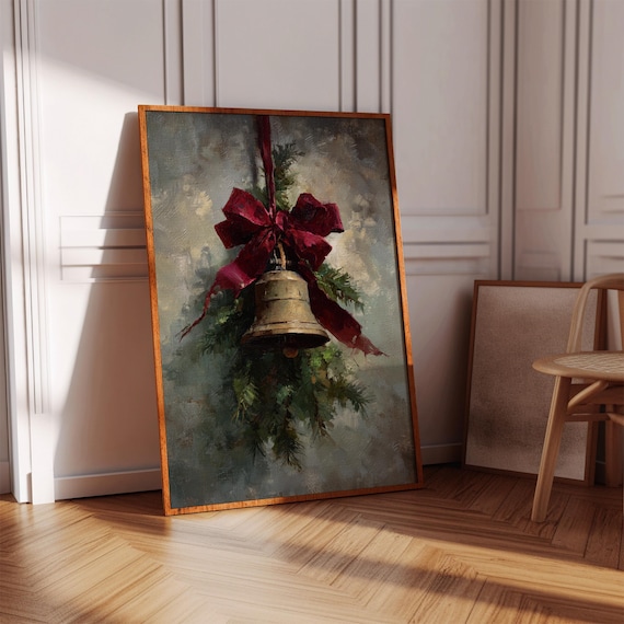Vintage Christmas Bell Art Print, Rustic Holiday Decor