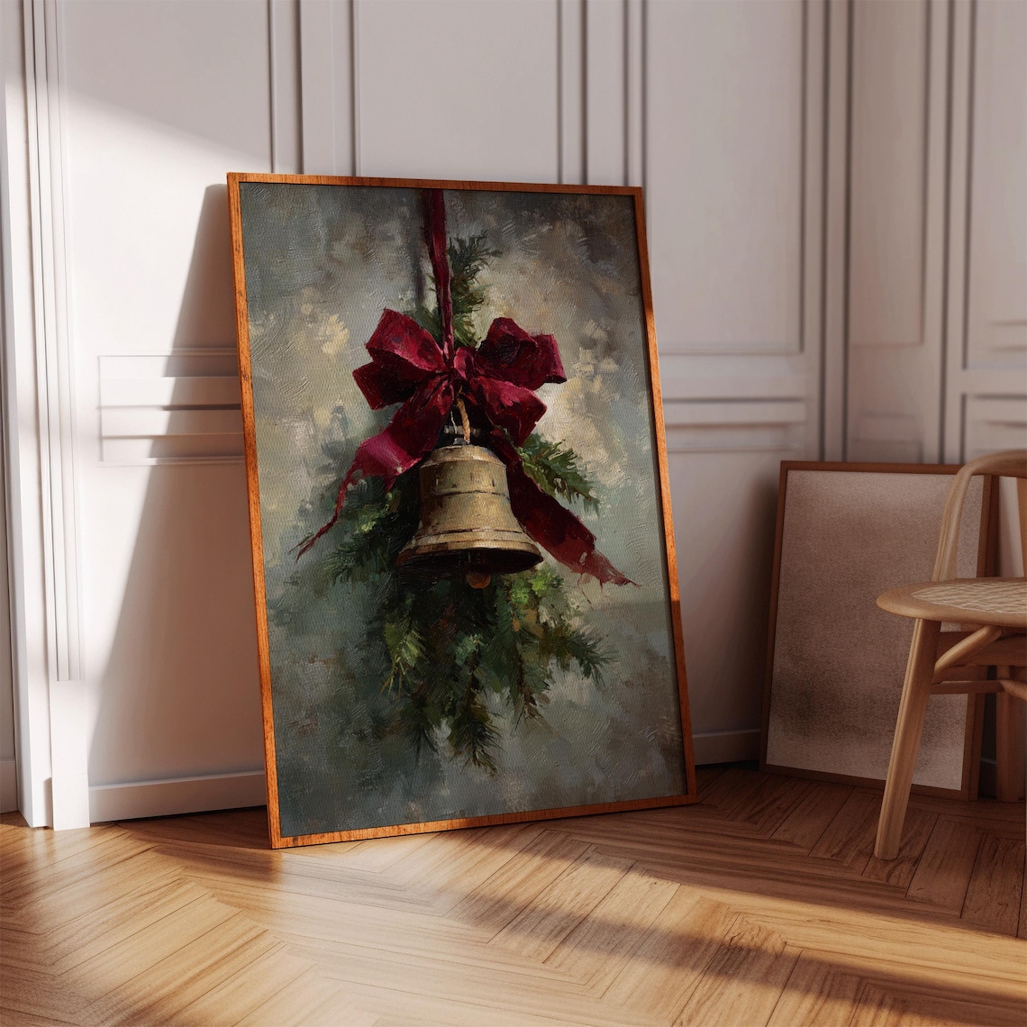Vintage Christmas Bell Art Print, Rustic Holiday Decor
