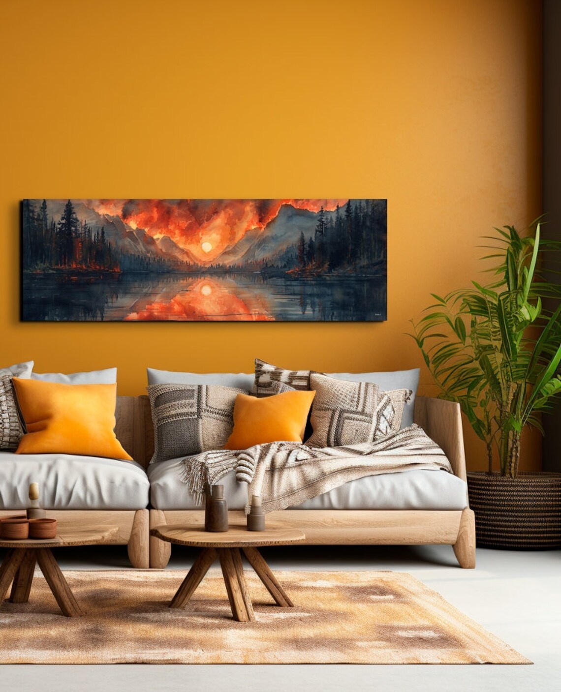 Panoramic Watercolor Fiery Sunset Mountain Lake Landscape Wall Art - Image 5