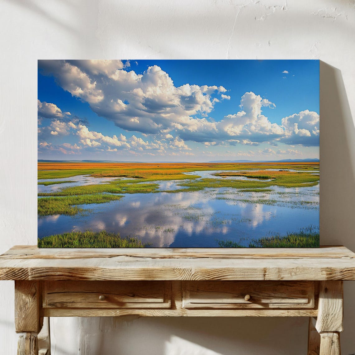 Bright Wetlands With Blue Sky Big White Clouds And Still Water Poster - Image 3