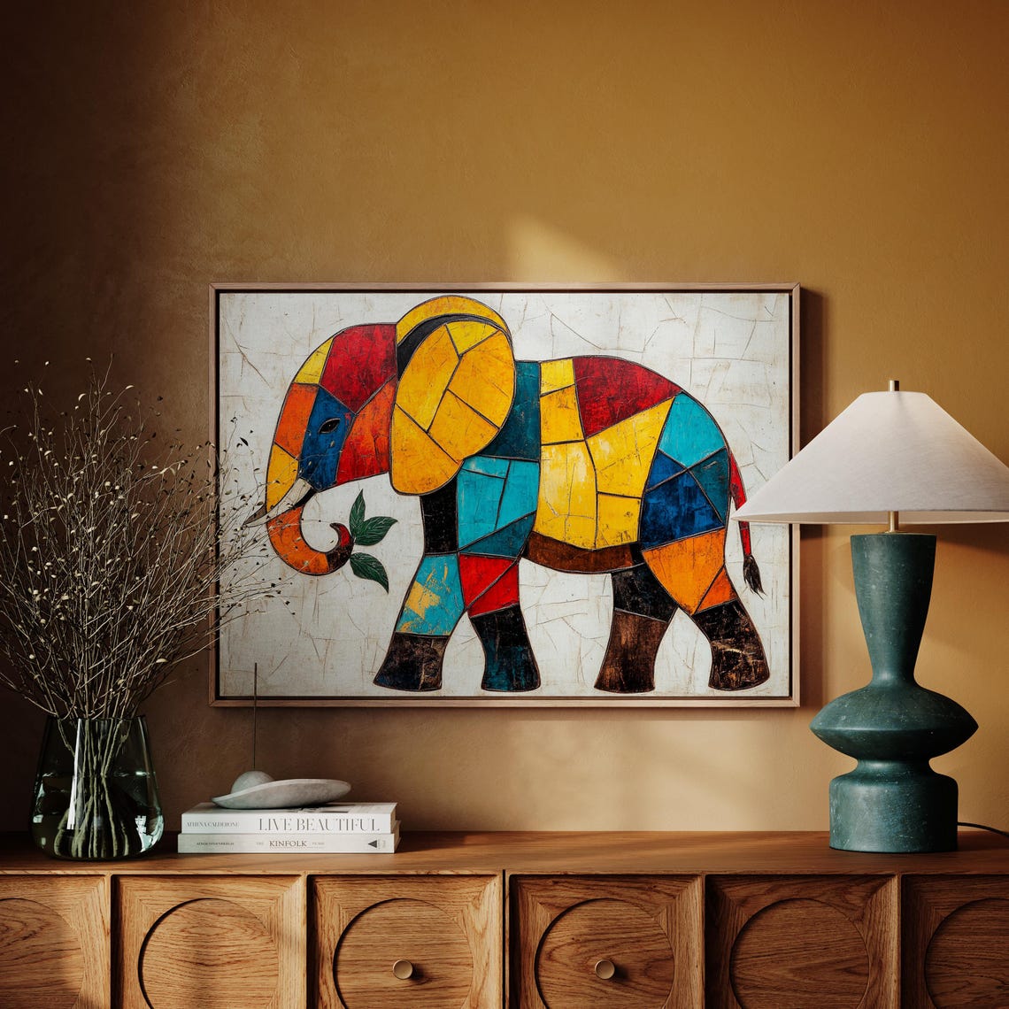 Geometric Patchwork Elephant Vibrant Stained Glass Style Art Poster - Image 3
