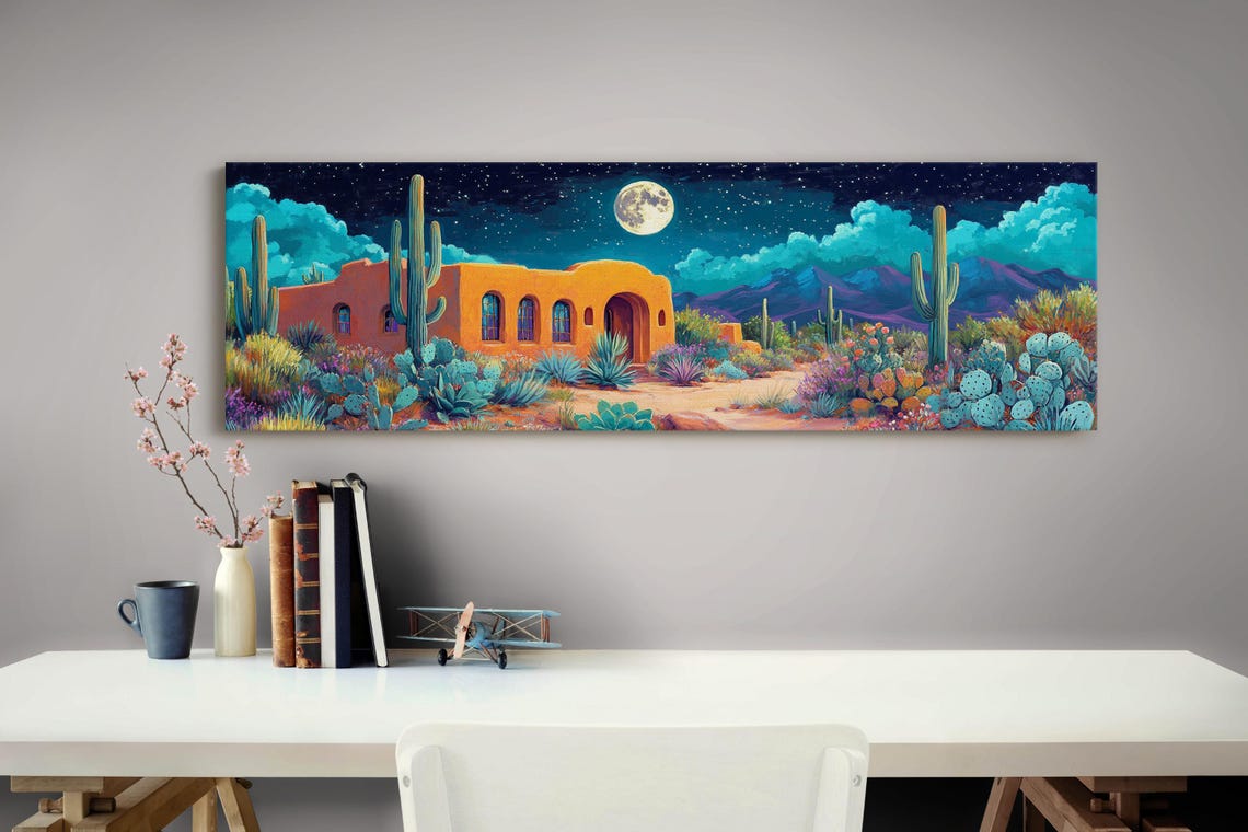 Colorful Desert Night Adobe House Full Moon Saguaro Cacti Art Poster - Image 3