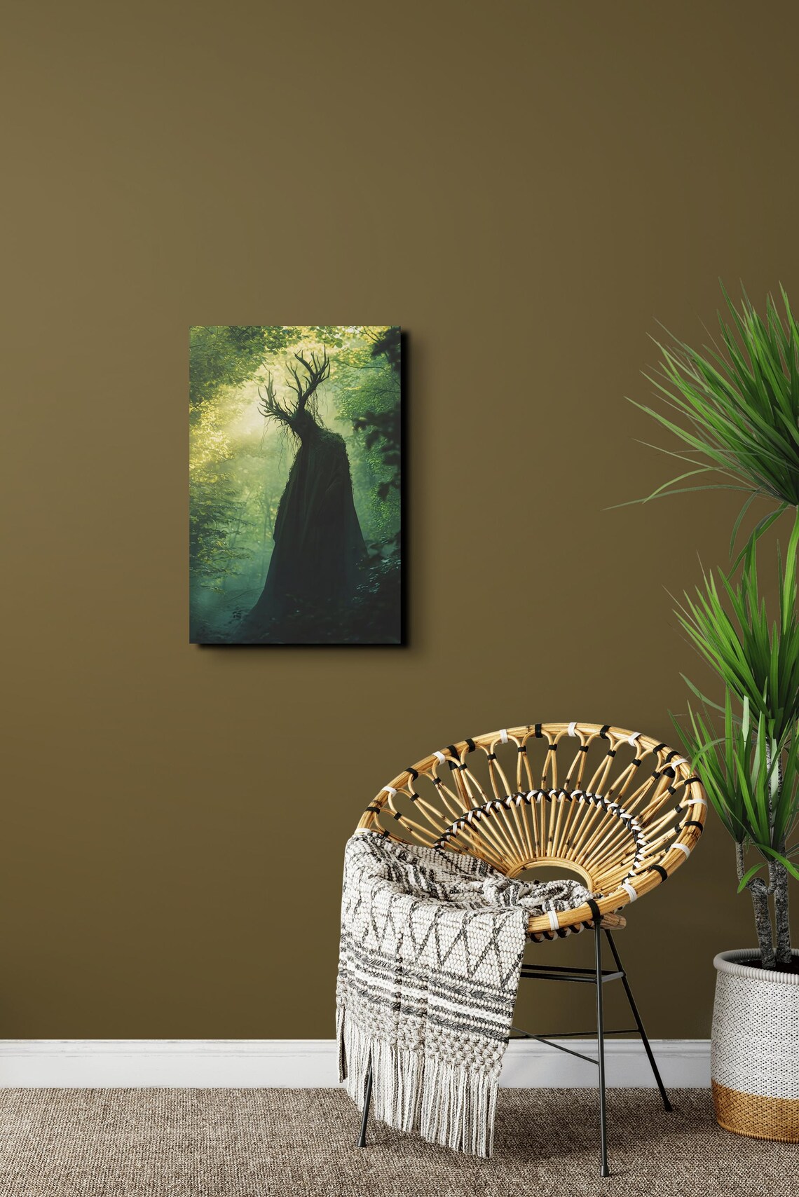 Antlered Cloaked Woodland Figure Standing In A Misty Green Forest Poster - Image 5