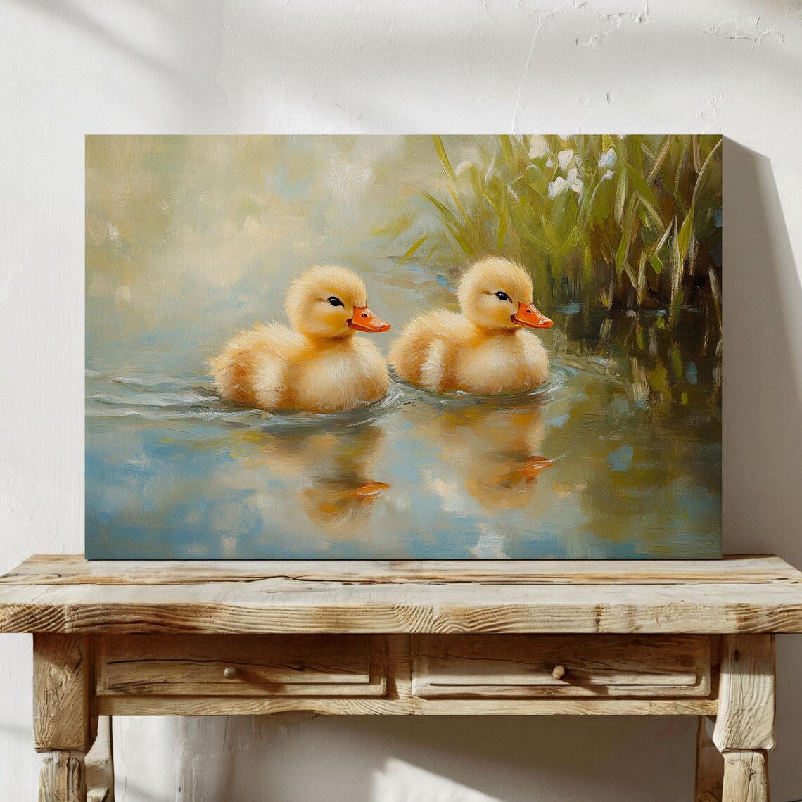 Two Yellow Ducklings Swimming In Pond With Reeds Cute Painting Poster - Image 7