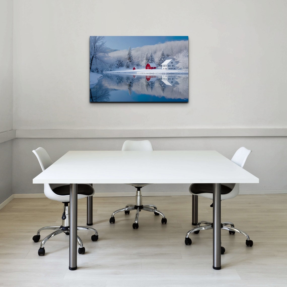 Snowy Red Barn and Farmhouse Mirror Lake Winter Scene Poster - Image 5
