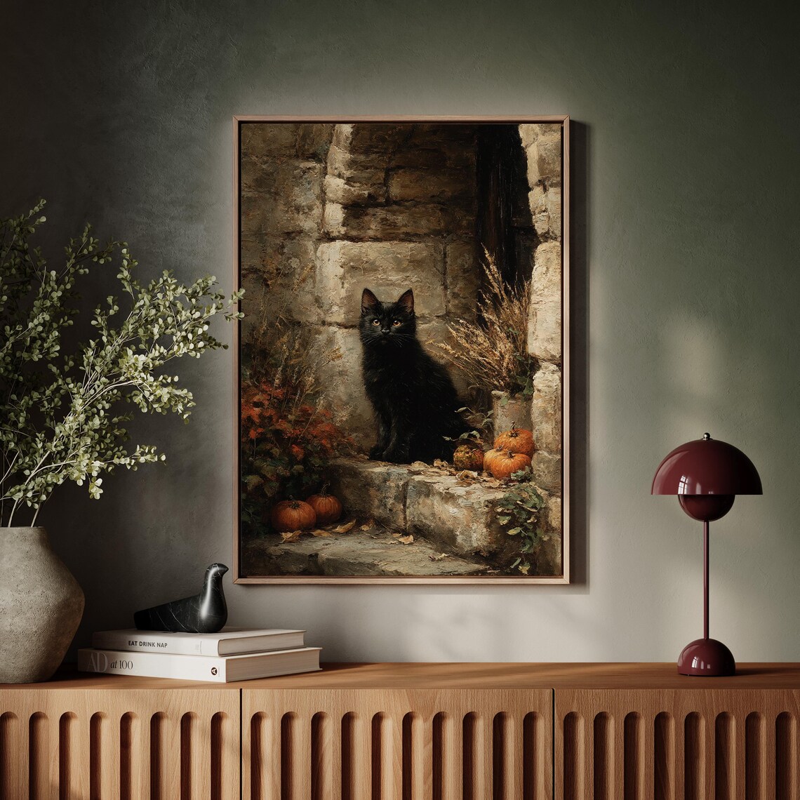 Black Cat With Pumpkins Rustic Stone Wall Autumn Fall Season Scene Wall Art
