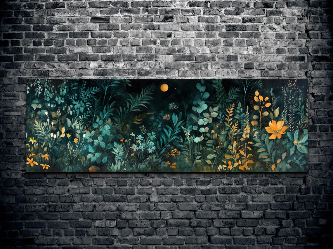 Moonlit Forest Garden Wildflowers Dark Botanical Panoramic Poster - Image 2